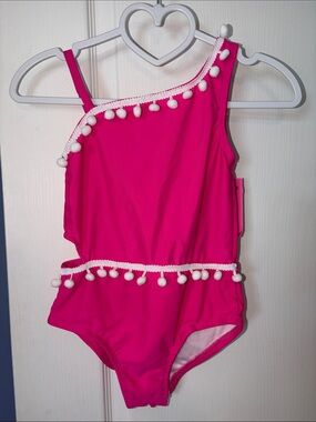 Betsey Johnson Hot Pink One-Shoulder Pom Pom Kids One-Piece Swimsuit